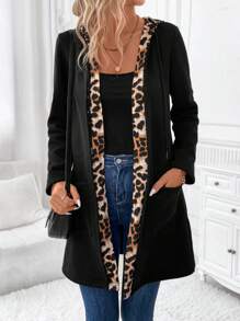 SHEIN LUNE Leopardendruck Mantel Für Damen Mit Offenem Vorderseite - Schwarz - Übersicht 4