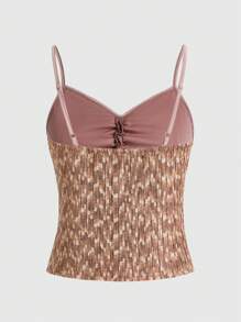 ROMWE Fairycore Women's Printed Contrast Trim Ruched Cami Cami Top - Brown - View 4