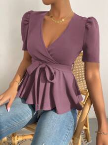 SHEIN Clasi V領系帶短袖t恤,帶有荷葉邊