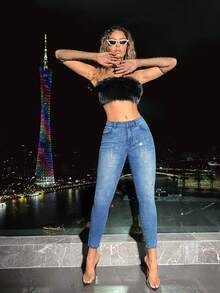 SHEIN BAE Women's Slim Fit Fashionable Jeans With Rhinestone Decoration - Dark Wash - View 3