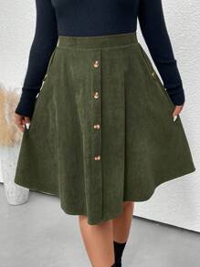 SHEIN LUNE Plus Button Detail Corduroy Skirt - Army Green - View 5