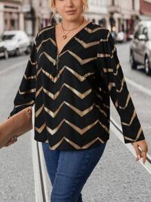 SHEIN LUNE Plus Chevron Print Roll Tab Sleeve Half Zip Roll Tab Sleeve Blouse - Black - View 7