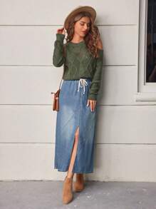 SHEIN LUNE Falda de mezclilla para mujer con cintura de cordón y aberturas laterales - Azul - Ver 4