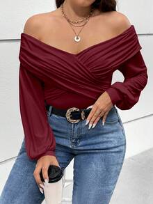 SHEIN Privé Plus Size Off-shoulder Lantern Sleeve T-shirt - Burgundy - View 6