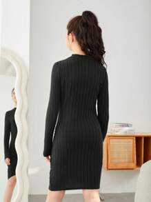 Váy dệt kim dành cho tuổi teen có cổ đứng, chi tiết xếp nếp - màu đen - Xem 2