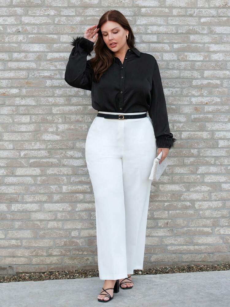 Plus Size Patchwork Plush Cuff Button Up Shirt