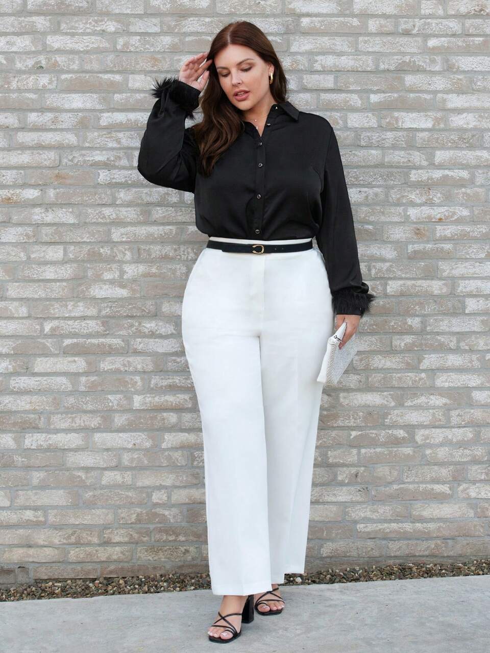 Plus Size Patchwork Plush Cuff Button Up Shirt
