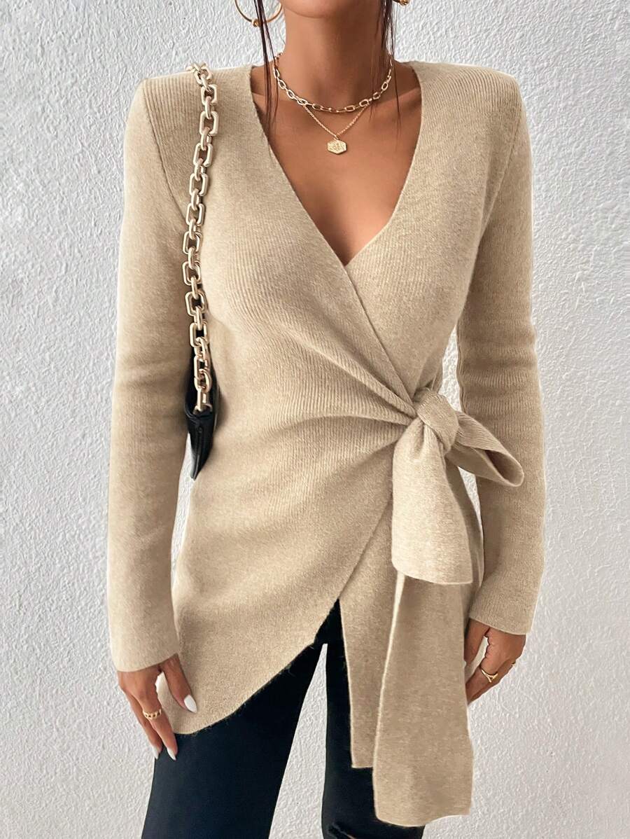 SHEIN Privé Cổ chữ V Bọc Áo len - Màu be - Xem 1