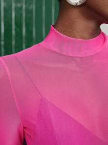 BizChic 女士立領純色透視上衣 - 玫紅色 - 查看 5