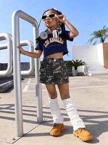 SHEIN Explorewe Young Girl Camouflage Print Denim Skirt With Flap Pockets Summer Holiday - Blue - View 3