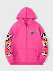 ROMWE MEN The Powerpuff Girls | ROMWE Nam Hoạt hình In thư áo có mũ Lông cừu Áo nỉ - Màu Hồng Tươi - Xem 1