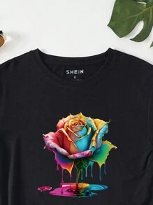 SHEIN Colorful Flower Pattern Casual Short Sleeve T-shirt - Black - View 4