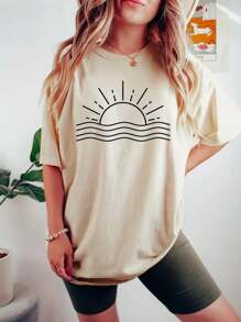 SHEIN LUNE Camiseta De Manga Corta Con Impresión De Sol Para Mujeres - Albaricoque - Ver 1