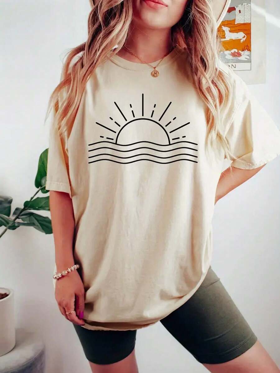 SHEIN LUNE Camiseta De Manga Corta Con Impresión De Sol Para Mujeres - Albaricoque - Ver 1