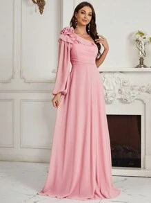 SHEIN Belle Adults' Ruched, Ruffled, Floral One Shoulder Bridesmaid Dress With Flounce Detail - Pink - View 5