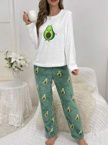 Avocado Print Flannel Long Sleeve And Long Pants Fluffy Pajama Set, Fall Winter Clothes