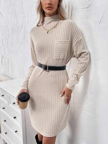 SHEIN LUNE Của phụ nữ Đứng cổ áo Thả vai Váy áo thun Với Sọc Hem Và Túi - Màu be - Xem 5
