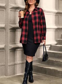 SHEIN Clasi 女士大碼純色連衣裙和格紋釦式外套兩件套裝 - 酒紅色 - 查看 5