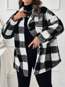SHEIN LUNE Plus Buffalo Plaid Pattern Drop Shoulder Teddy Coat, For Winter - Black and White - View 6