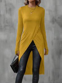 SHEIN LUNE Ladies' Wrap Style Asymmetrical Hem T-Shirt - Mustard Yellow - View 3
