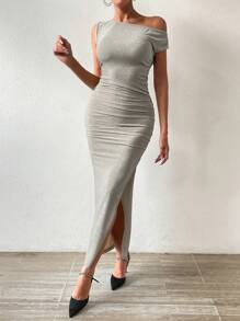 Chiquease Women's Asymmetric Cold Shoulder High Slit Dress - Champagne - View 3