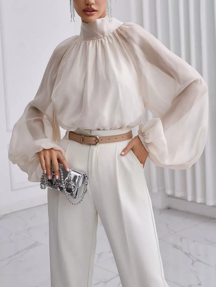 Firerie Women's Stand Collar Lantern Sleeve Back One Shoulder Shirt - Apricot - View 1