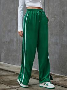 SHEIN Essnce Women's Side Stripe Drawstring Waist Long Pants - Multicolor - View 3