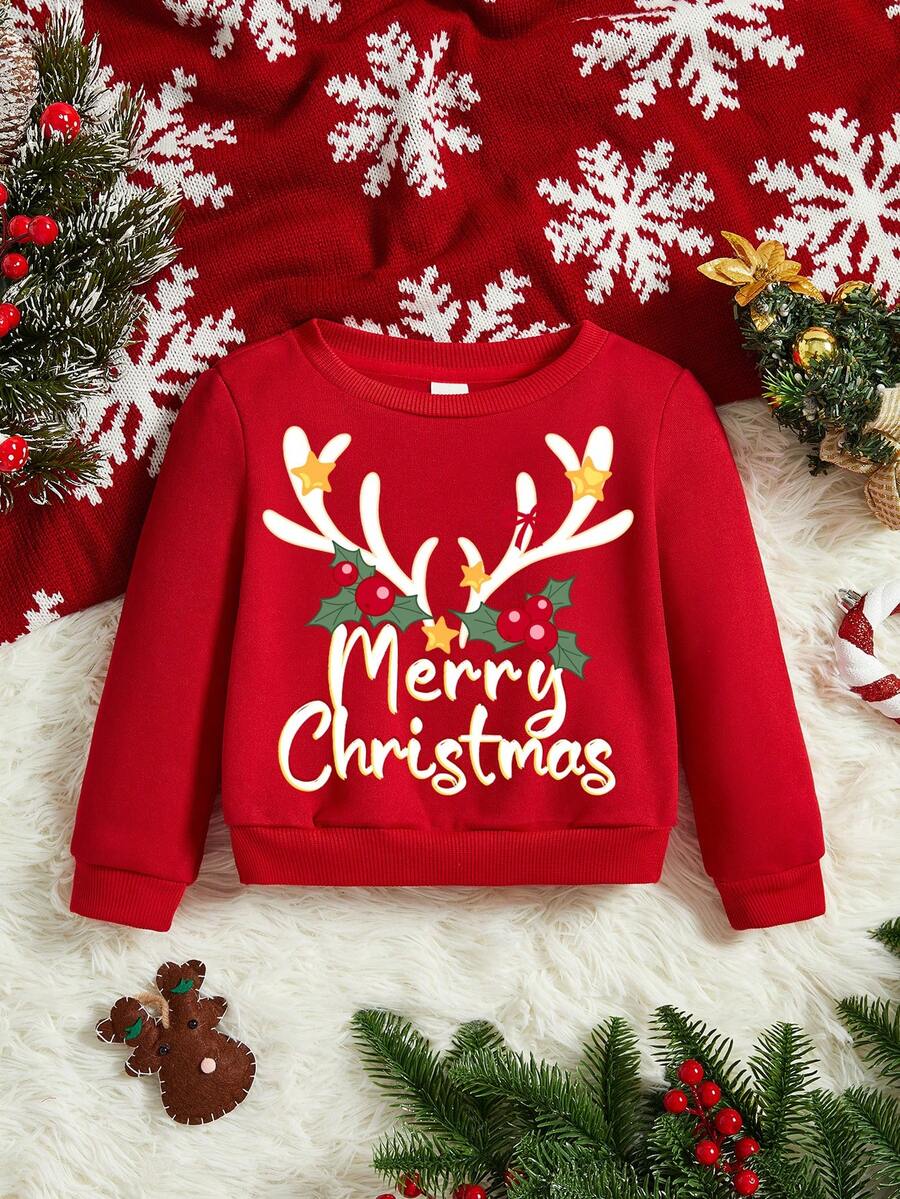 男嬰休閒聖誕卡通印花長袖圓領衛衣,適合秋冬