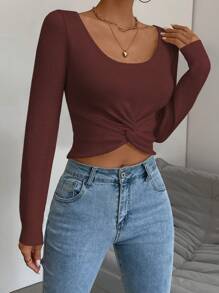 Chiquease Knitted Crop Top With Twist Detail And Large Round Neckline - Burgundy - View 4