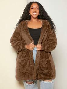 SHEIN CURVE+ Chaquetón Con Capucha De Talla Grande Con Peluche Y Bolsillos Dobles - Óxido marrón - Ver 7