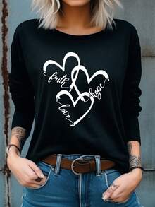 SHEIN LUNE Letter & Heart Printed Drop Shoulder T-shirt - Black - View 4