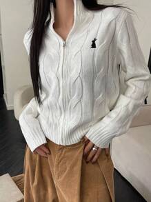 DAZY Women's Rabbit Embroidery Zipper Front Cardigan,Long Sleeve Tops Jacket - Beige - View 4