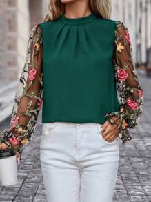 SHEIN Clasi Camisa de mujeres de malla con con bordado floral con retazo - Verde Oscuro - Ver 6