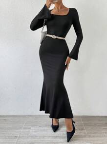 SHEIN Privé 魚尾裙搭配鈴襯袖,不含腰帶 - 黑色 - 查看 4