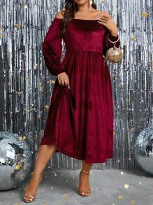 SHEIN Clasi Women's Plus Size Off-the-shoulder Lantern Sleeve Dress - Burgundy - View 3