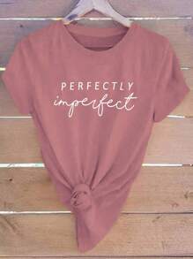 SHEIN LUNE 女士口號印花修身t恤 - 粉色 - 查看 1