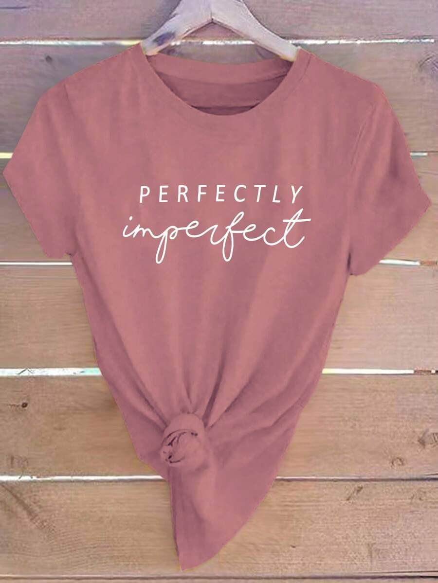 SHEIN LUNE 女士口號印花修身t恤 - 粉色 - 查看 1