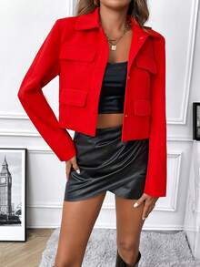 Jaqueta Curta Feminina Vermelha Com Bolsos Frontais - Vermelho - Visão 6