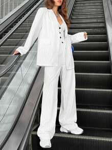 SHEIN EZwear 秋冬条纹西装外套、马甲和裤子三件套 - 白色 - 查看 4