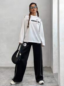 SHEIN EZwear 字母印花長袖下垂肩t恤 - 白色 - 查看 5