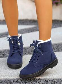 Bốt cổ ngắn màu đen chống trượt ấm áp mùa đông cho nữ cỡ lớn mùa thu/đông - Màu xanh lam - Xem 3