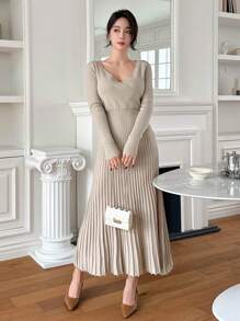 DAZY Women's Solid Color Pleated Hem Sweater Dress,Fall Women Clothes - Apricot - View 6