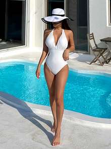 DAZY Của phụ nữ Màu thuần Dây Áo tắm một mảnh Không có Áo che - trắng - Xem 4