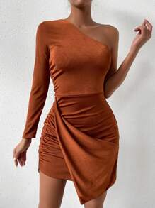 Zolique Women's Slim Fit Asymmetrical Collar Bodycon Dress - Rust Brown - View 5