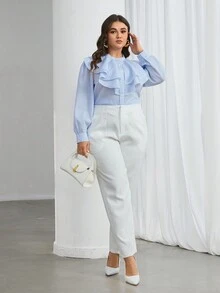 SHEIN Privé Plus Size Striped Elegant Shirt - Baby Blue - View 6