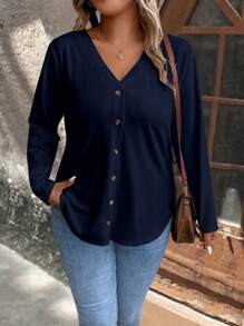 SHEIN LUNE Plus Size Women's Decorative Button T-shirt With Front Design - Blue - View 1