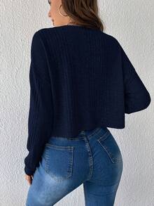 SHEIN Essnce Women's Solid Color Drop Shoulder Ribbed T-shirt - Navy Blue - View 2