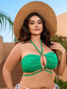 Swim Vcay Metallic Ring Decor Plus Size Halter Neck Swim Top - Green - View 4