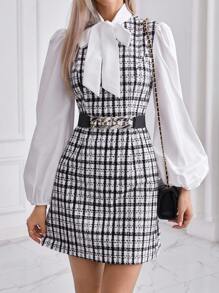 SHEIN Privé 女士方格紋領帶領口燈籠袖連衣裙,不含腰帶 - 黑與白 - 查看 3