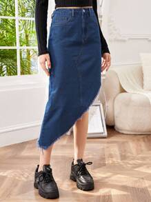SHEIN Teen Girls' Asymmetrical Frayed Hem Denim Skirt - Blue - View 4